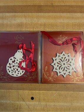Lenox White Porcelain Ornament Duo with Red Ribbons